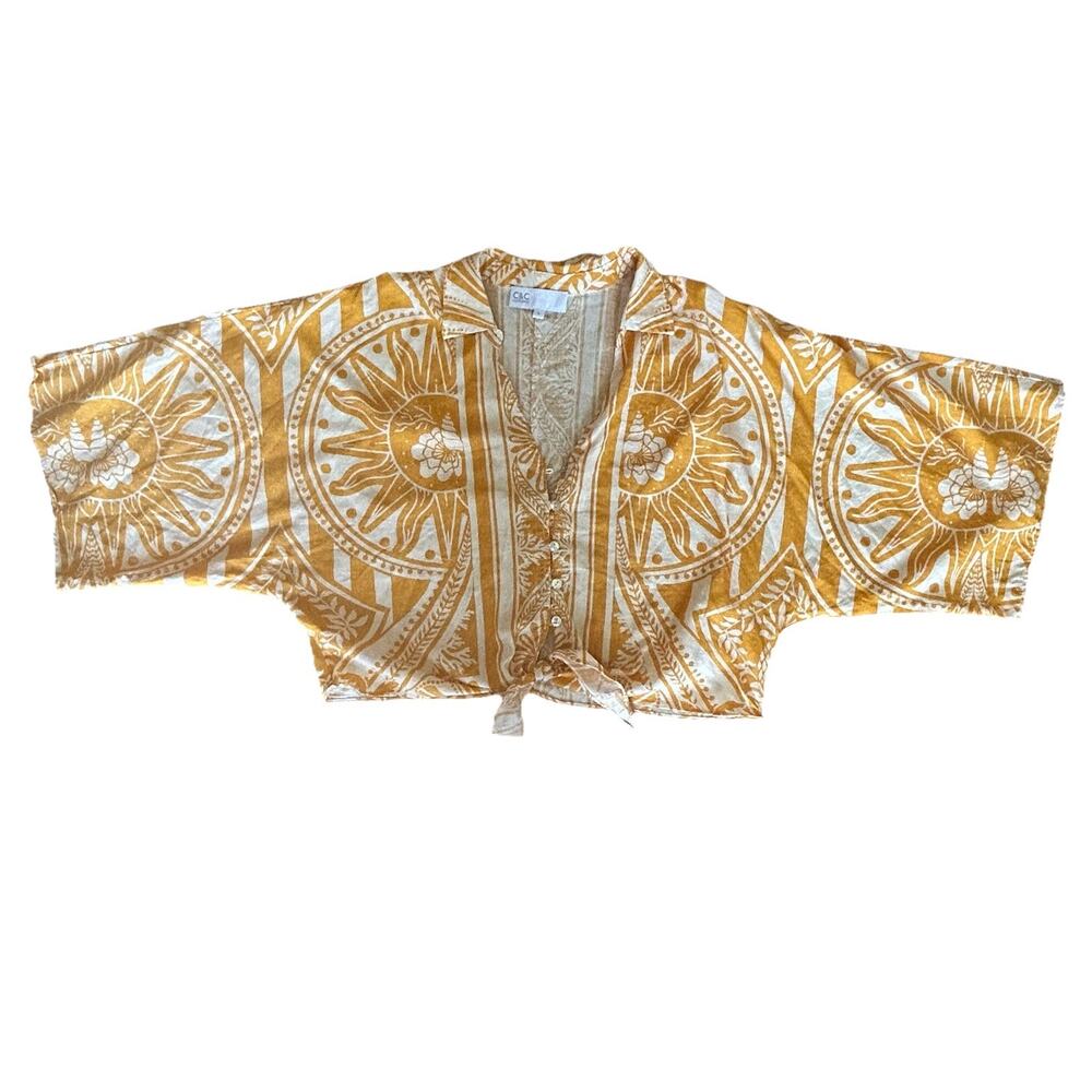 C&C California Linen Cropped Tie Front Blouse Womens Large Yellow Boho Summer - Picture 11 of 13